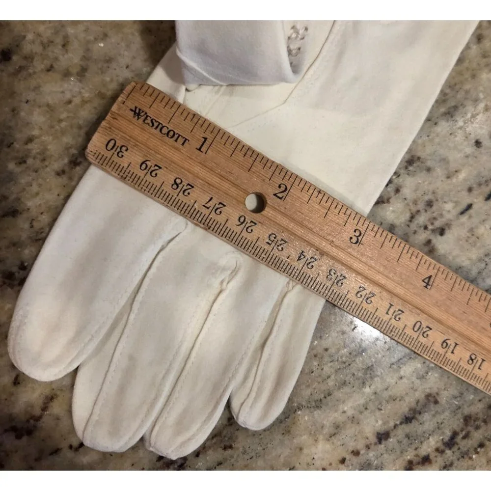 Vintage Womens Size XS Off-White Suede Short Formal Gloves Cross Stitch Stripe